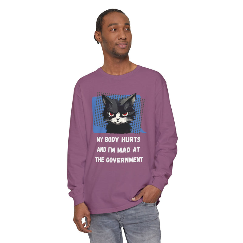Long Sleeve T‑Shirt – "My Body Hurts and I’m Mad at the Government" Cat Graphic Oversized Tee