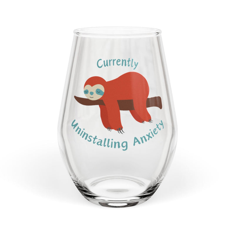 Stemless Wine Glass – "Currently Uninstalling Anxiety" Sloth