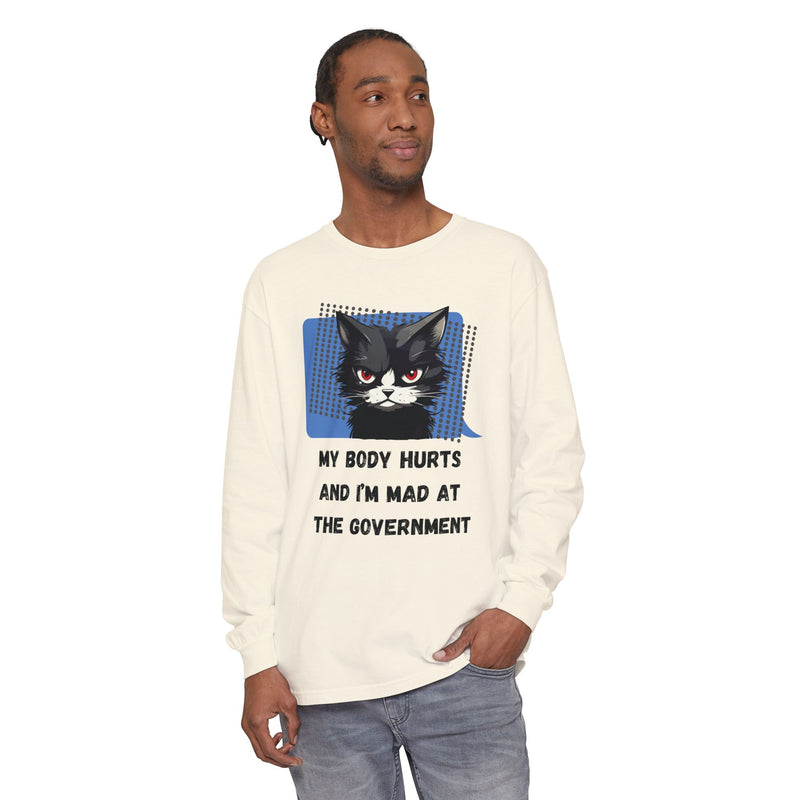Long Sleeve T‑Shirt – "My Body Hurts and I’m Mad at the Government" Cat Graphic Oversized Tee