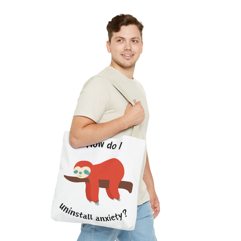 Large 18" x 18" How Do I Uninstall Anxiety? Exhausted Sloth Graphic Tote Bag