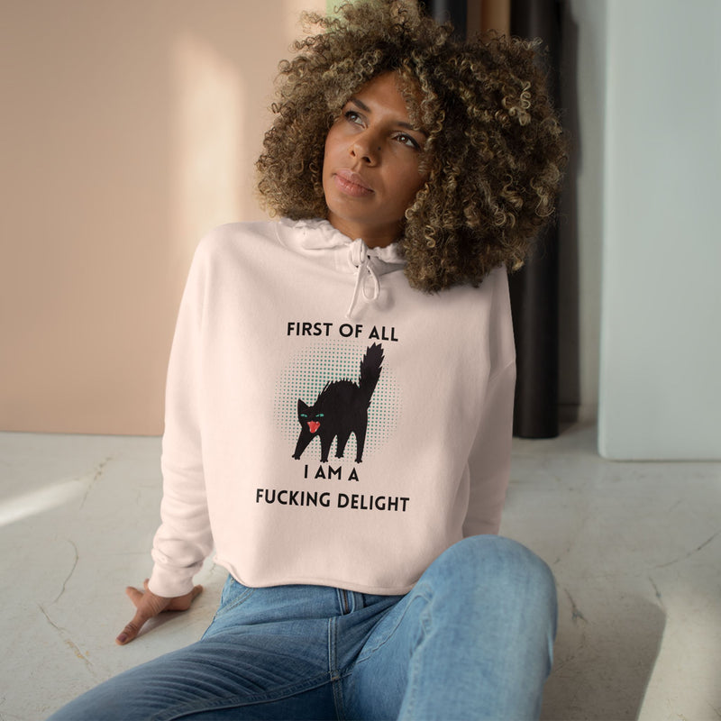 Graphic Black Cat Hooded Sweatshirt - "I am a Fucking Delight" Crop Hoodie