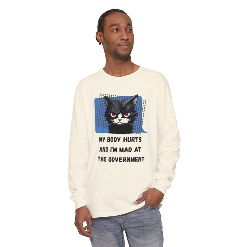 Long Sleeve T‑Shirt – "My Body Hurts and I’m Mad at the Government" Cat Graphic Oversized Tee