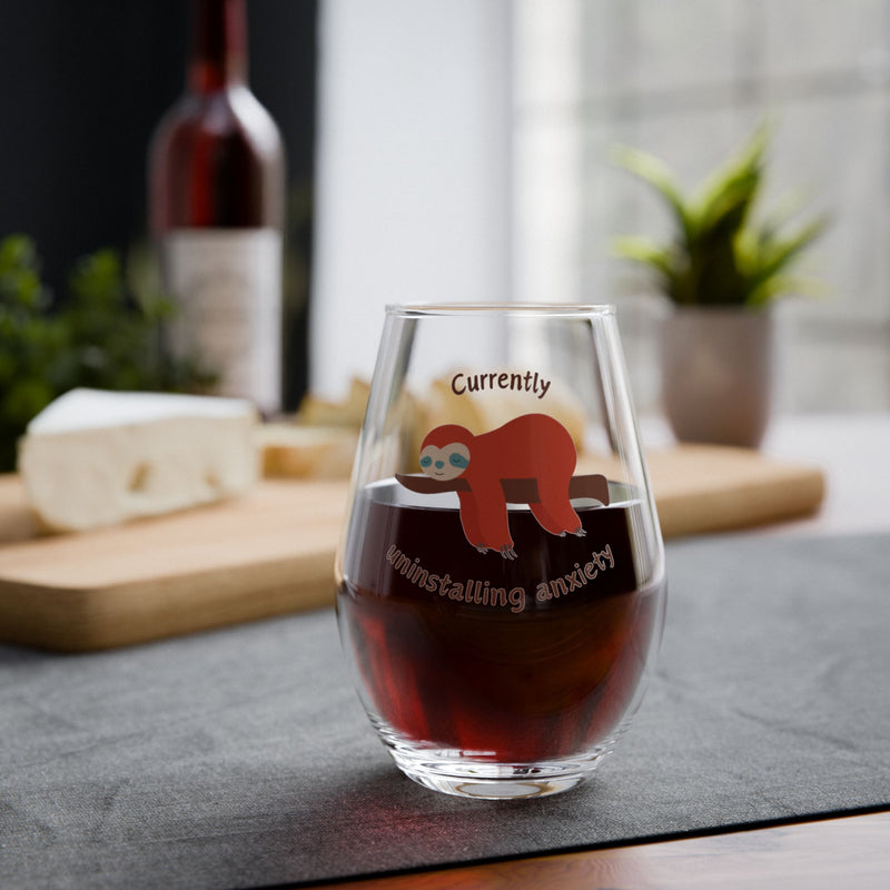 Stemless Wine Glass – "Currently Uninstalling Anxiety" Sloth