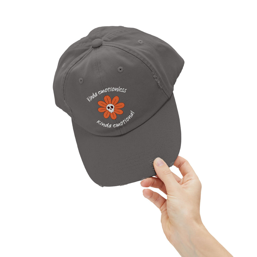 Kinda Emotionless Kinda Emotional Distressed Cap — Floral Skull Baseball Hat