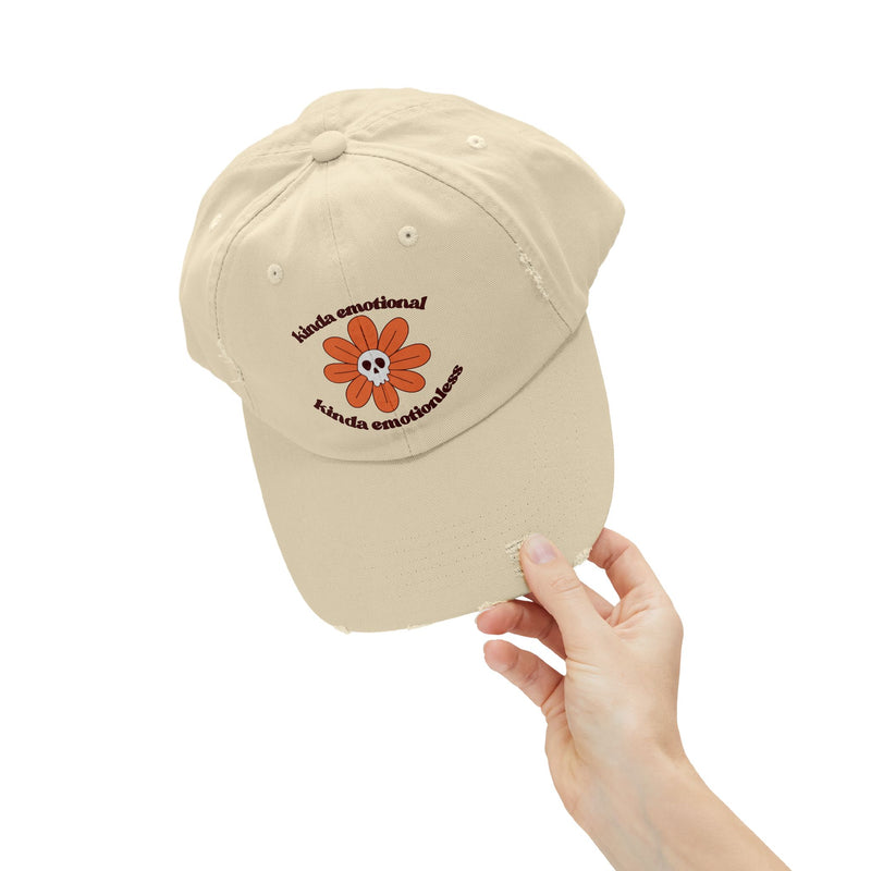 Kinda Emotional Kinda Emotionless Unisex Distressed Cap — Floral Skull Mental Health Awareness Baseball Hat