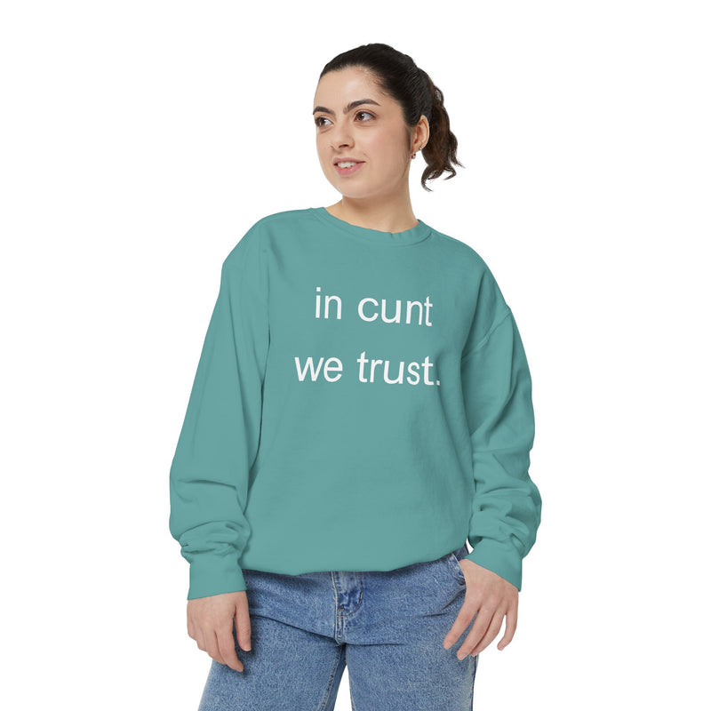 Graphic Sweatshirt — “in cunt we trust.” Bold Provocative Slogan Pullover