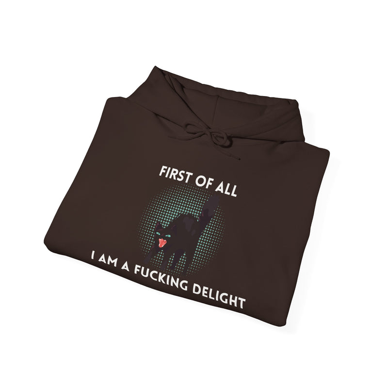 Sassy Cat Unisex Hoodie — "...I Am A Fucking Delight!" Graphic Hooded Sweatshirt