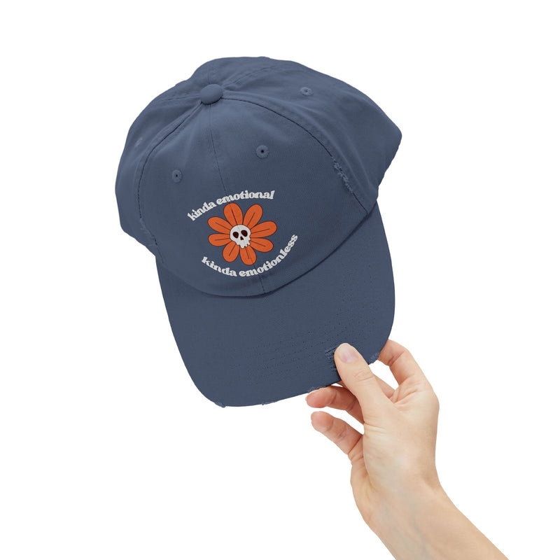 Kinda Emotional Kinda Emotionless Unisex Distressed Cap — Floral Skull Mental Health Awareness Baseball Hat