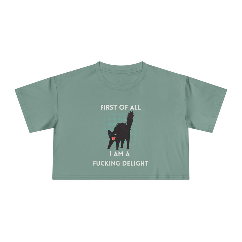 Crop Tee — “First of All I Am a Fucking Delight” Sassy Cat Graphic T-shirt Top
