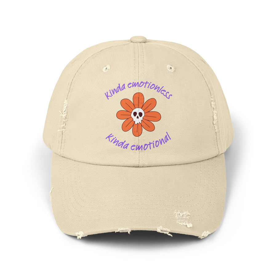 Kinda Emotionless Kinda Emotional Distressed Cap — Floral Skull Baseball Hat