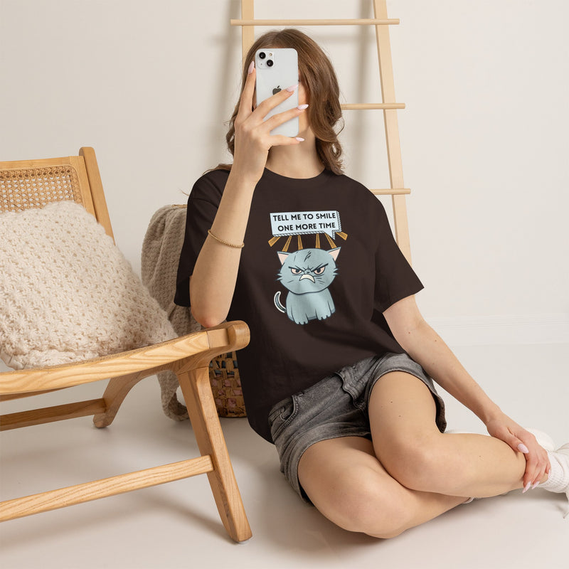 Graphic T-Shirt — Sassy Cat Tee "Tell Me To Smile One More Time"