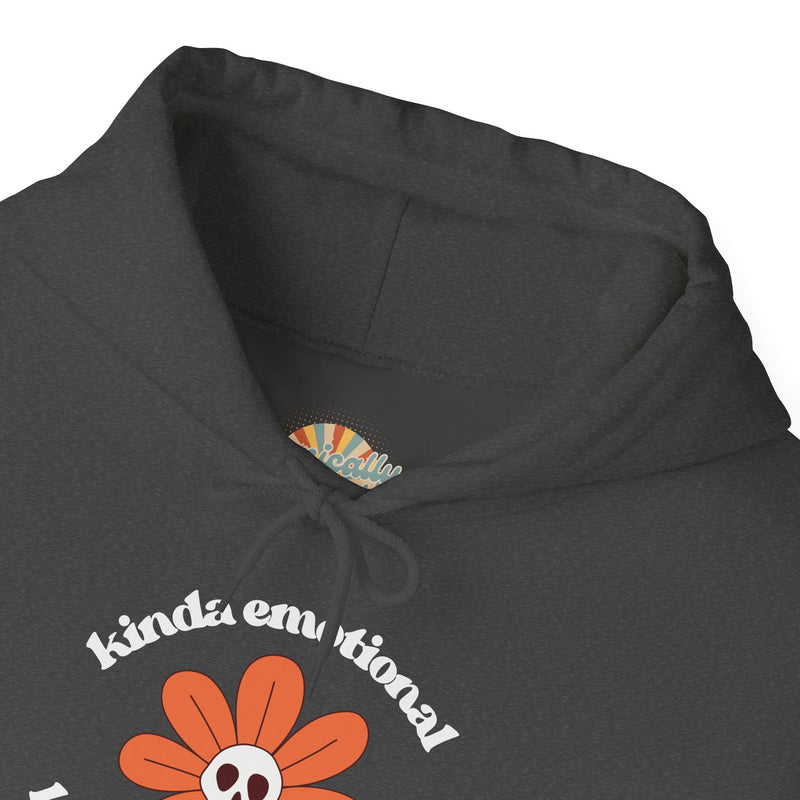Floral Skull Graphic Hoodie — "Kinda Emotionless, Kinda Emotional" Mental Health Awareness Hooded Sweatshirt