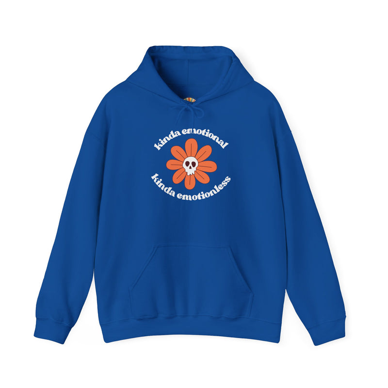 Floral Skull Graphic Hoodie — "Kinda Emotionless, Kinda Emotional" Mental Health Awareness Hooded Sweatshirt