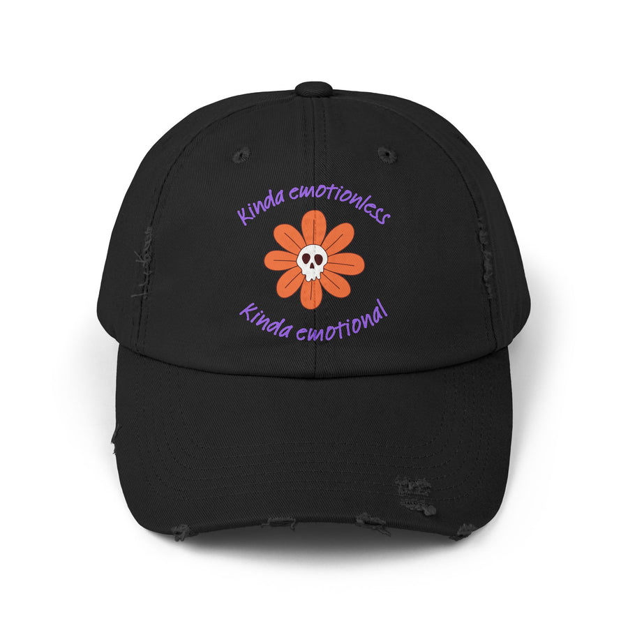 Kinda Emotionless Kinda Emotional Distressed Cap — Floral Skull Baseball Hat