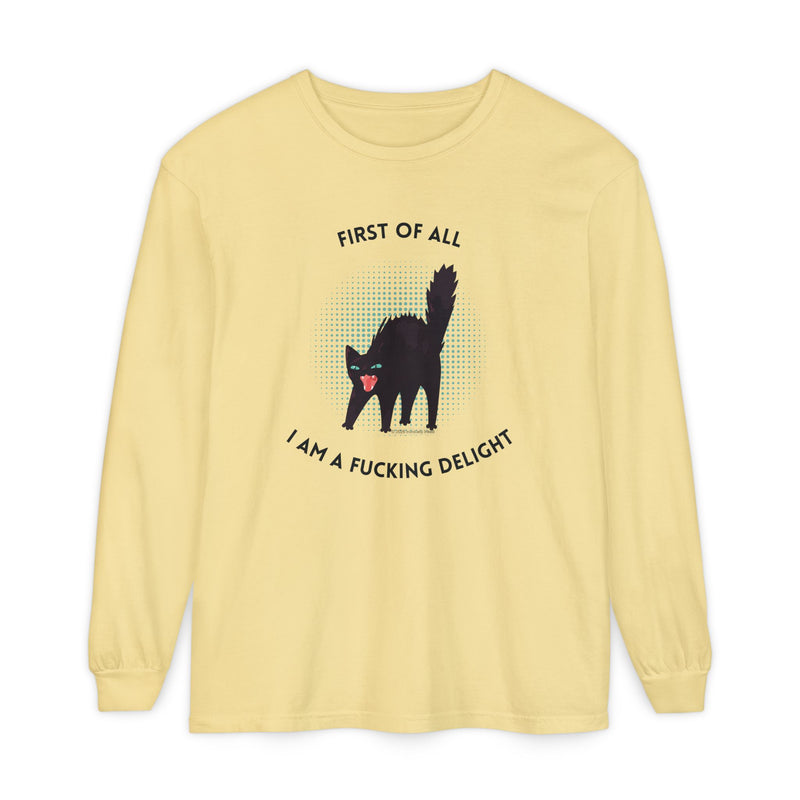 Long Sleeve Tee — “First of All I Am a Fucking Delight” Black Cat Graphic Oversized T-Shirt
