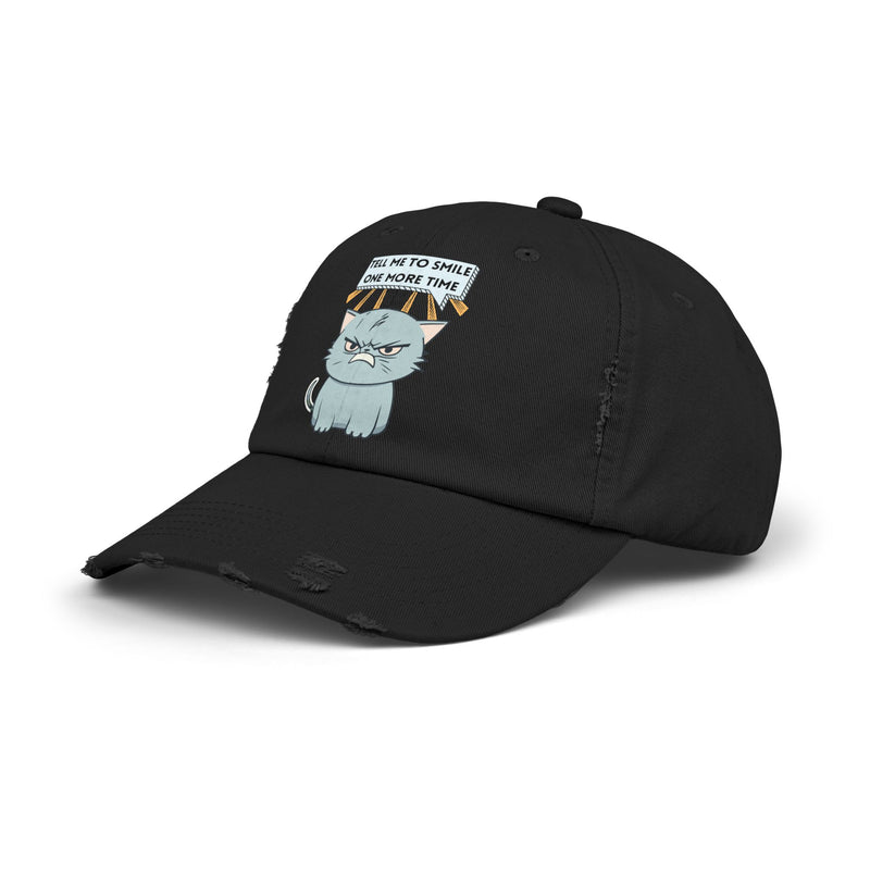 Sassy Cat Distressed Cap — "Tell Me To Smile One More Time" Unisex Baseball Hat