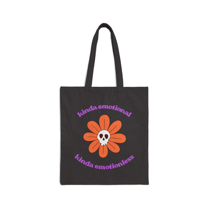 Retro Skull Flower Reusable Tote Bag — "kinda emotional kinda emotionless" Cotton Canvas Mental Health Awareness Tote