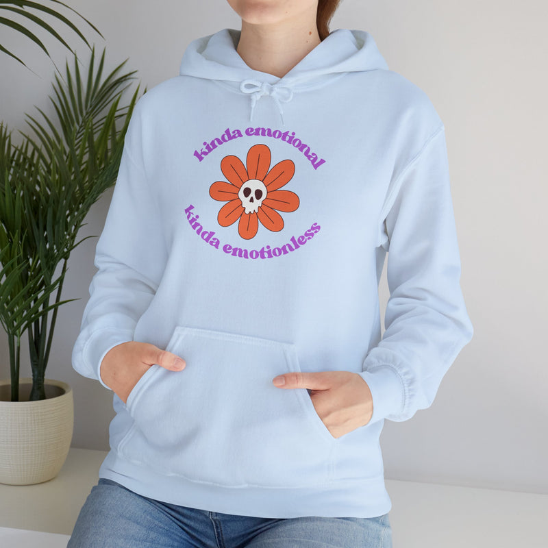 Floral Skull Graphic Hoodie — "Kinda Emotionless, Kinda Emotional" Mental Health Awareness Hooded Sweatshirt