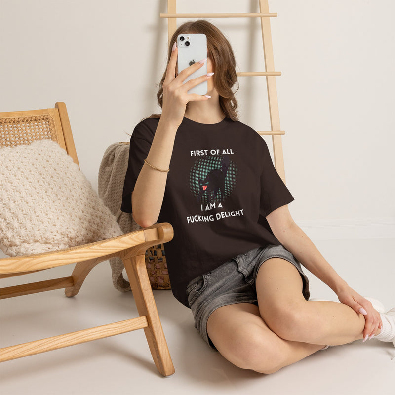 Sassy Cat Graphic Tee — "First of All I Am a Fucking Delight" Black Cat Humor T-Shirt