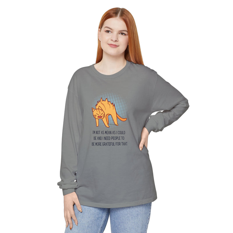 Sassy Cat Illustration Long Sleeve Tee — “I’m Not As Mean As I Could Be” Oversize T-Shirt