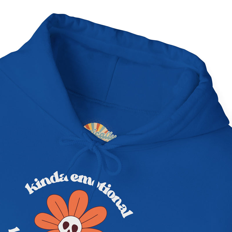 Floral Skull Graphic Hoodie — "Kinda Emotionless, Kinda Emotional" Mental Health Awareness Hooded Sweatshirt