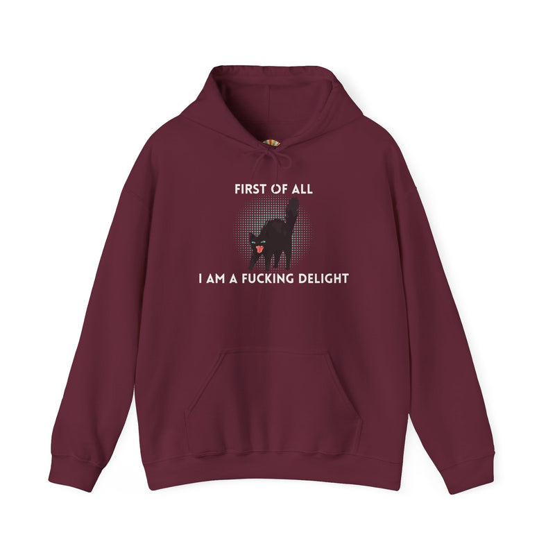 Sassy Cat Unisex Hoodie — "...I Am A Fucking Delight!" Graphic Hooded Sweatshirt