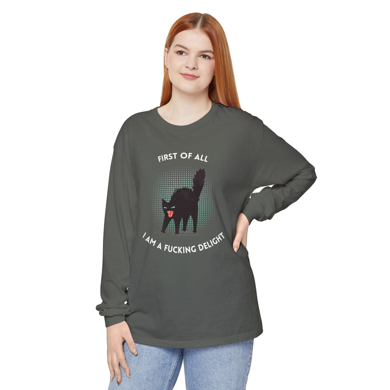 Long Sleeve Tee — “First of All I Am a Fucking Delight” Black Cat Graphic Oversized T-Shirt