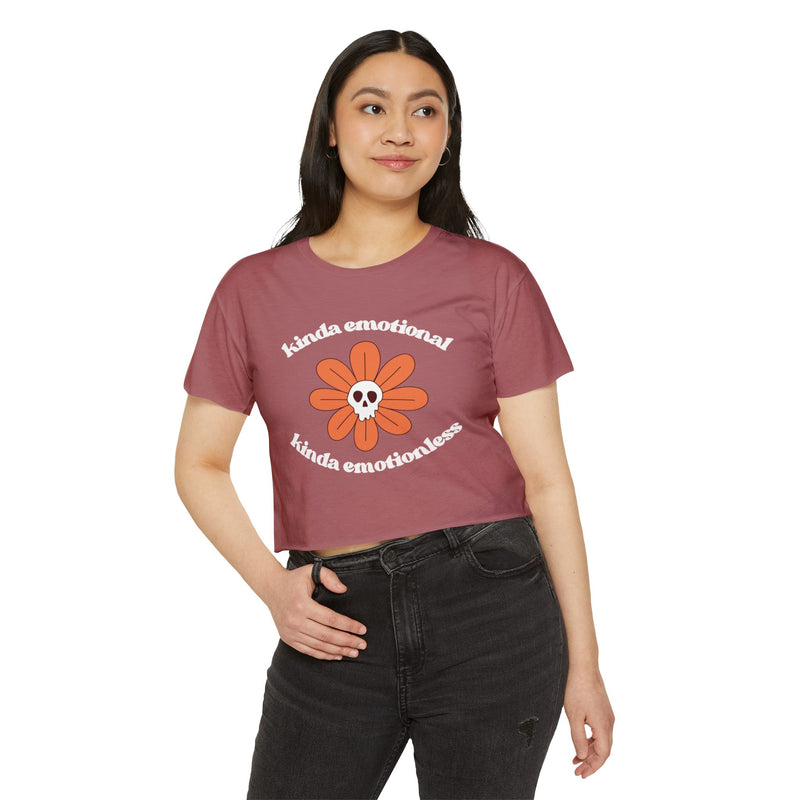 Crop Top — "Kinda Emotional Kinda Emotionless" Skull Flower Festival Tee