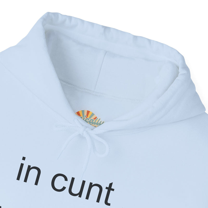Hoodie — "in cunt we trust." Minimalist Provocative Text Hooded Sweatshirt
