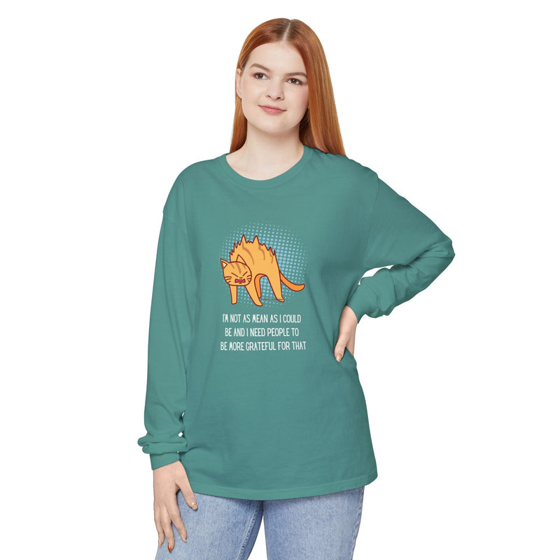 Sassy Cat Illustration Long Sleeve Tee — “I’m Not As Mean As I Could Be” Oversize T-Shirt