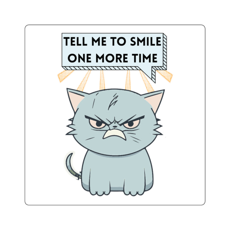 Sassy Cat Square Sticker — "Tell Me To Smile One More Time" Laptop Decal