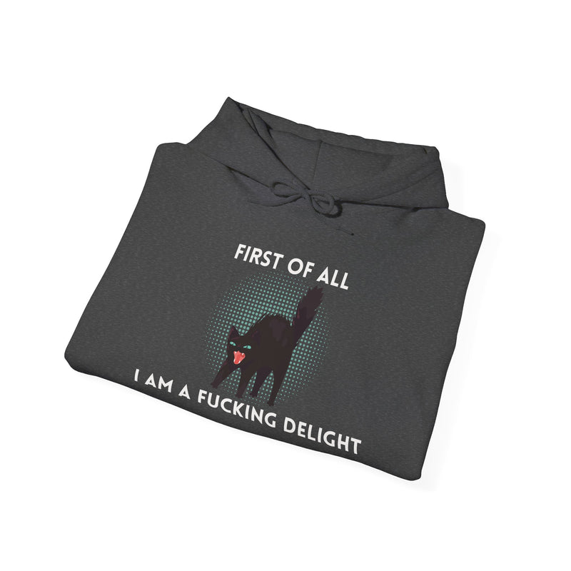 Sassy Cat Unisex Hoodie — "...I Am A Fucking Delight!" Graphic Hooded Sweatshirt
