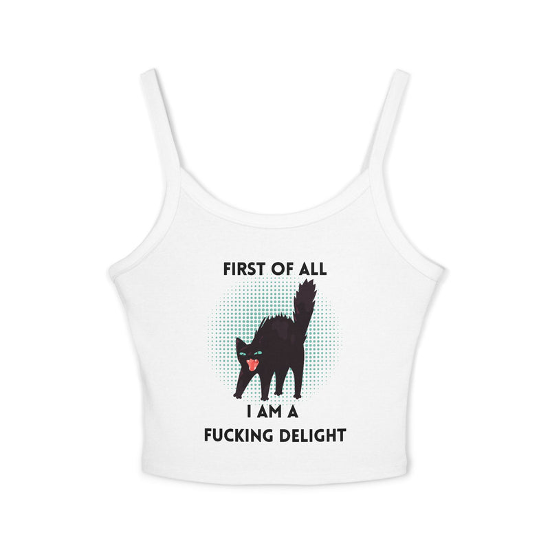 Sassy Cat Tank Top — "First Of All I Am A Fucking Delight" Black Cat Graphic Crop Tank