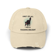 Distressed Baseball Cap — "First Of All I Am A Fucking Delight" Sassy Cat Hat