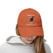 Distressed Baseball Cap — "First Of All I Am A Fucking Delight" Sassy Cat Hat