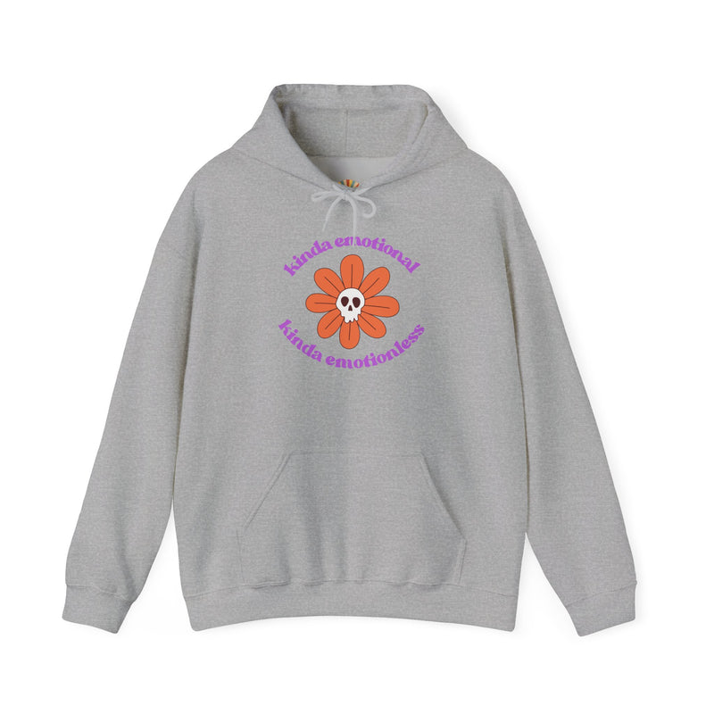 Floral Skull Graphic Hoodie — "Kinda Emotionless, Kinda Emotional" Mental Health Awareness Hooded Sweatshirt
