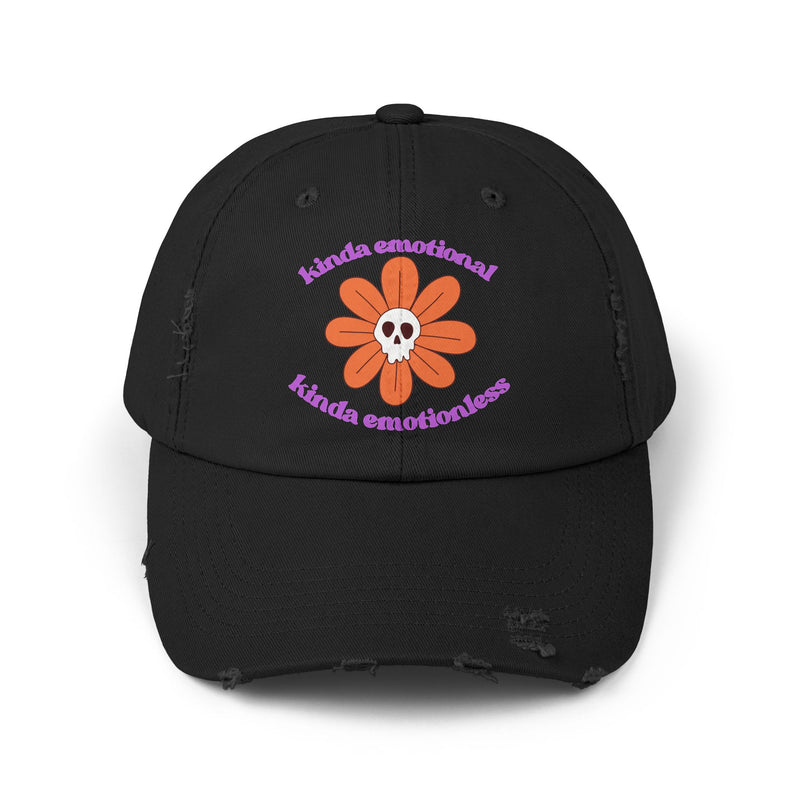 Kinda Emotional Kinda Emotionless Unisex Distressed Cap — Floral Skull Mental Health Awareness Baseball Hat
