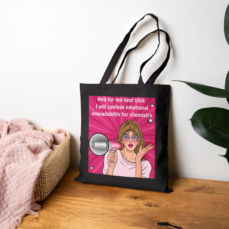 Cotton Canvas Tote Bag — Retro Pop Art Megaphone Design: "...and for my next trick, I will confuse emotional unavailability for chemistry"