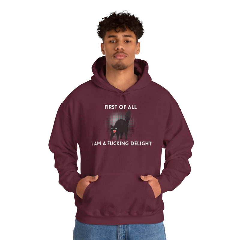 Sassy Cat Unisex Hoodie — "...I Am A Fucking Delight!" Graphic Hooded Sweatshirt