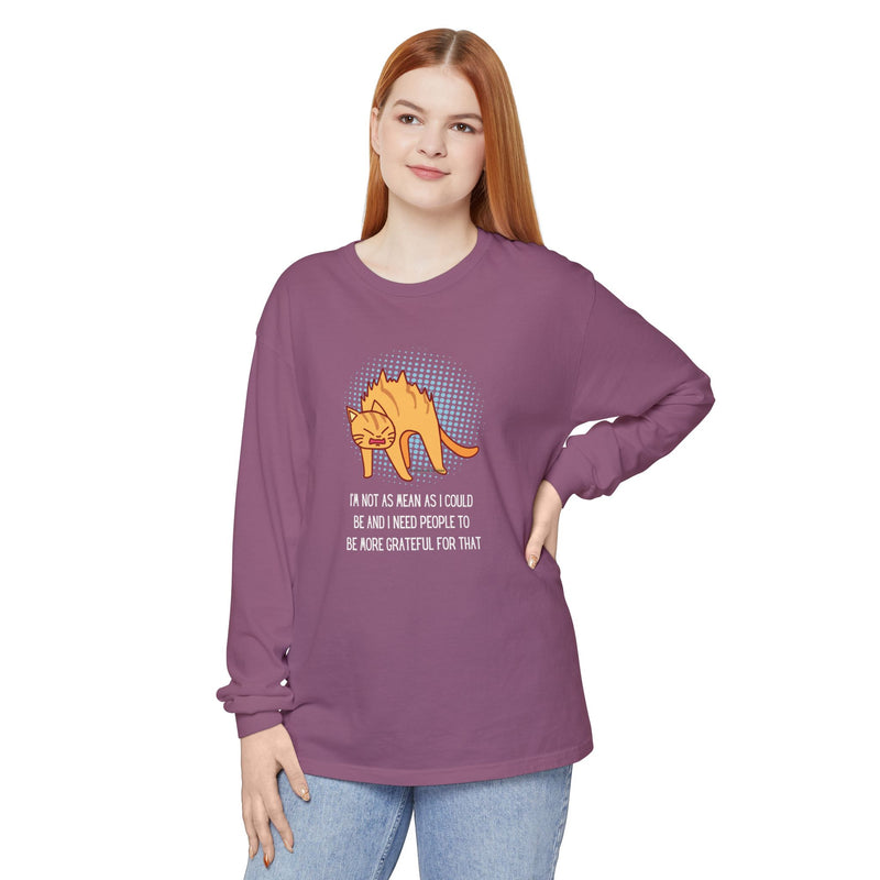 Sassy Cat Illustration Long Sleeve Tee — “I’m Not As Mean As I Could Be” Oversize T-Shirt