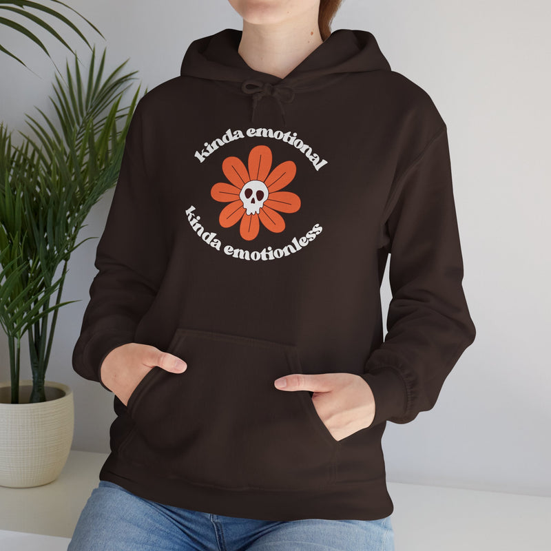 Floral Skull Graphic Hoodie — "Kinda Emotionless, Kinda Emotional" Mental Health Awareness Hooded Sweatshirt