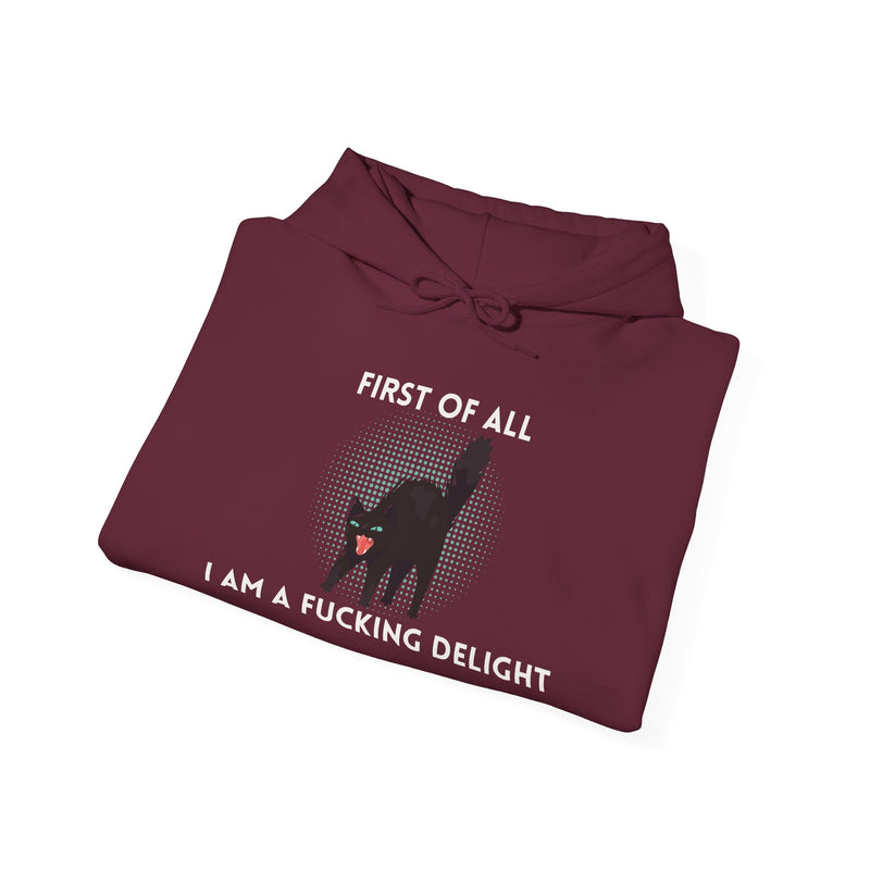 Sassy Cat Unisex Hoodie — "...I Am A Fucking Delight!" Graphic Hooded Sweatshirt