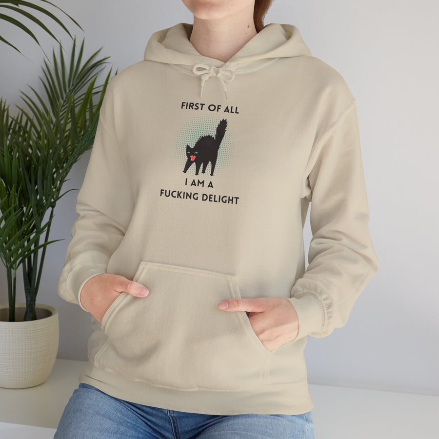 Sassy Cat Hoodie — "...I Am A Fucking Delight!" Graphic Hooded Sweatshirt
