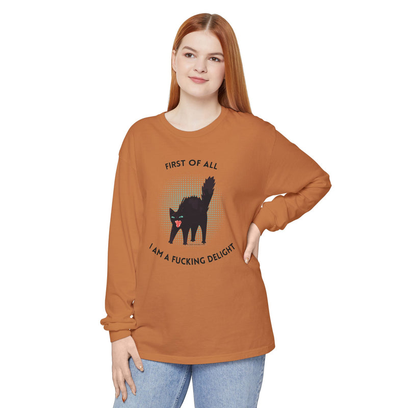 Long Sleeve Tee — “First of All I Am a Fucking Delight” Black Cat Graphic Oversized T-Shirt