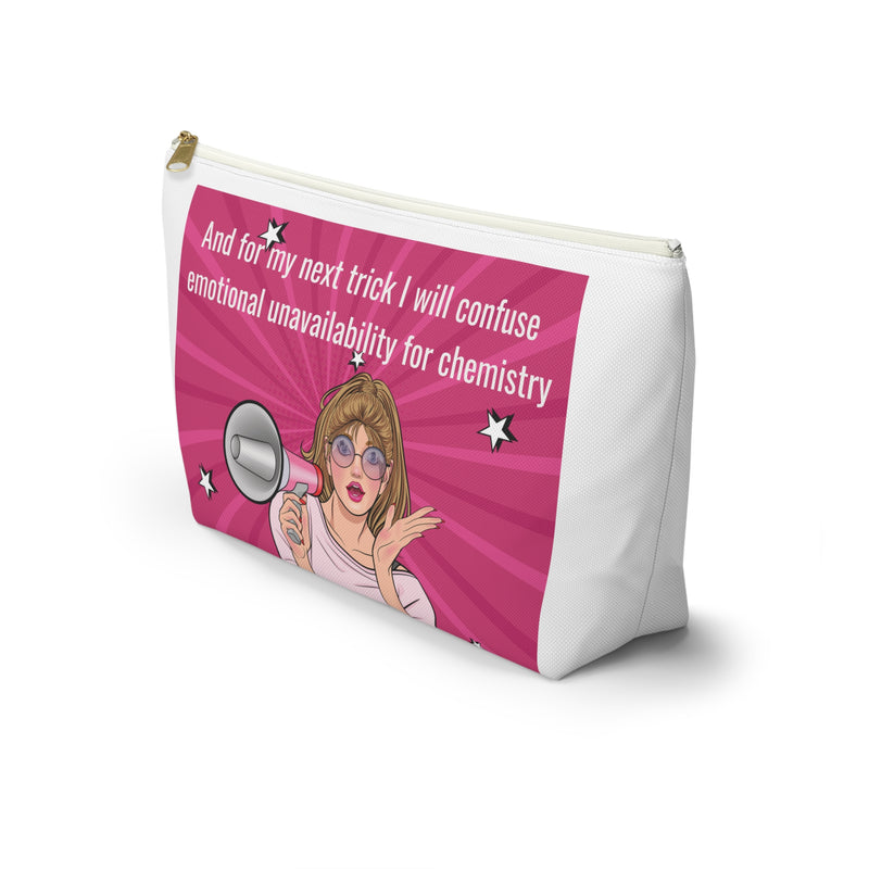 Large Size Accessory Pouch — Pink Pop Art Cosmetic Bag with Quote: “And for my next trick I will confuse emotional unavailability for chemistry”