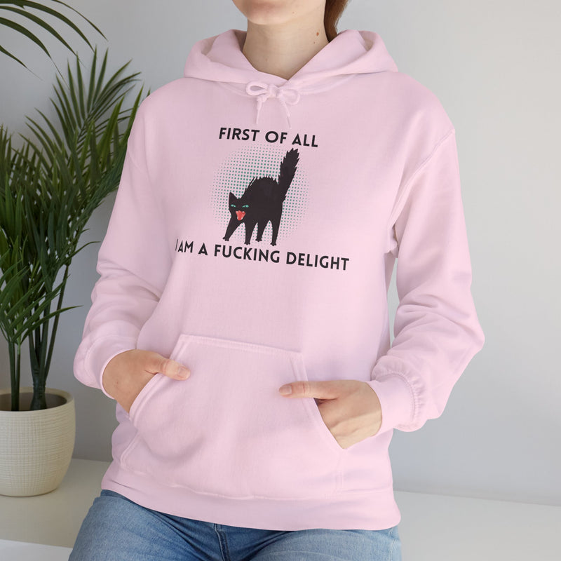 Sassy Cat Unisex Hoodie — "...I Am A Fucking Delight!" Graphic Hooded Sweatshirt