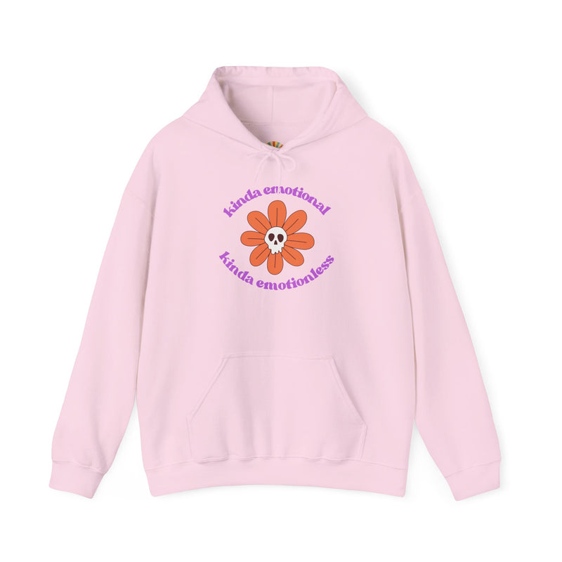 Floral Skull Graphic Hoodie — "Kinda Emotionless, Kinda Emotional" Mental Health Awareness Hooded Sweatshirt