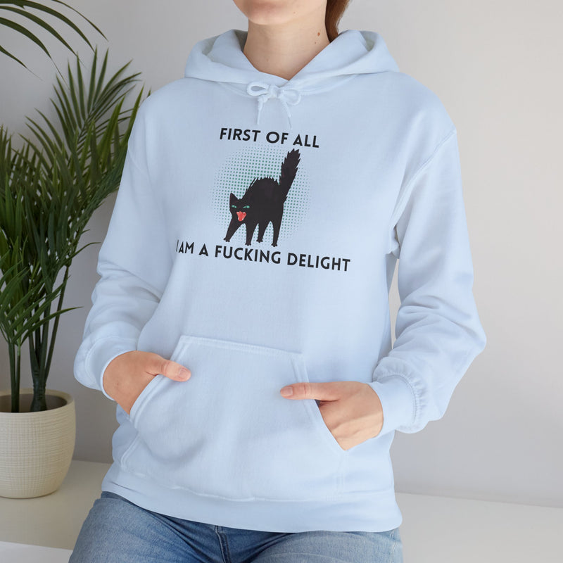 Sassy Cat Unisex Hoodie — "...I Am A Fucking Delight!" Graphic Hooded Sweatshirt