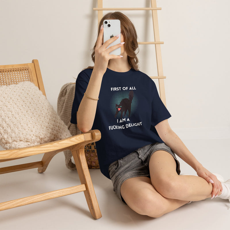 Sassy Cat Graphic Tee — "First of All I Am a Fucking Delight" Black Cat Humor T-Shirt
