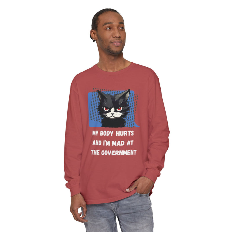 Long Sleeve T‑Shirt – "My Body Hurts and I’m Mad at the Government" Cat Graphic Oversized Tee